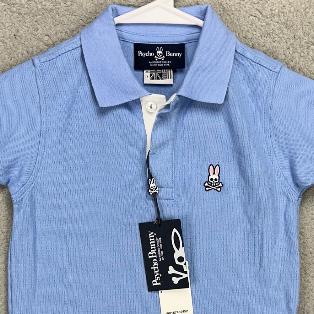 Psycho Bunny Boys Porthill Polo Shirt 2XS Blue Rugby 100% Pima Cotton Youth NEW